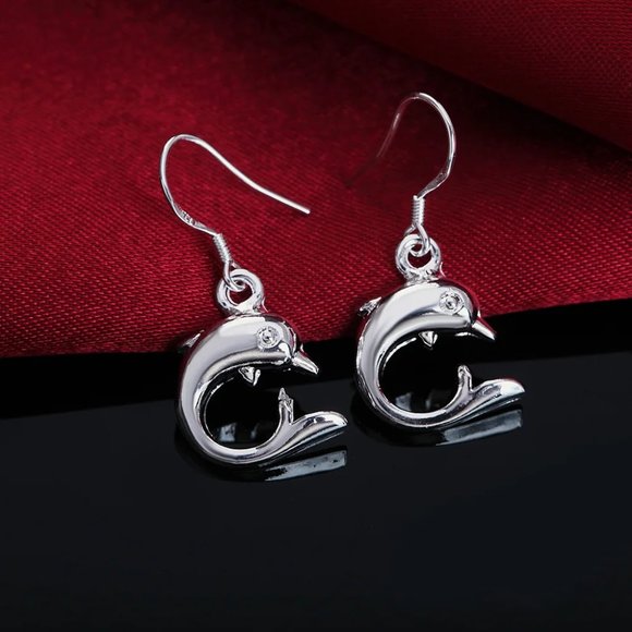 Cute Little Dolphin Drop Earrings " Hypoallergenic " Solid Sterling Silver - Picture 3 of 6